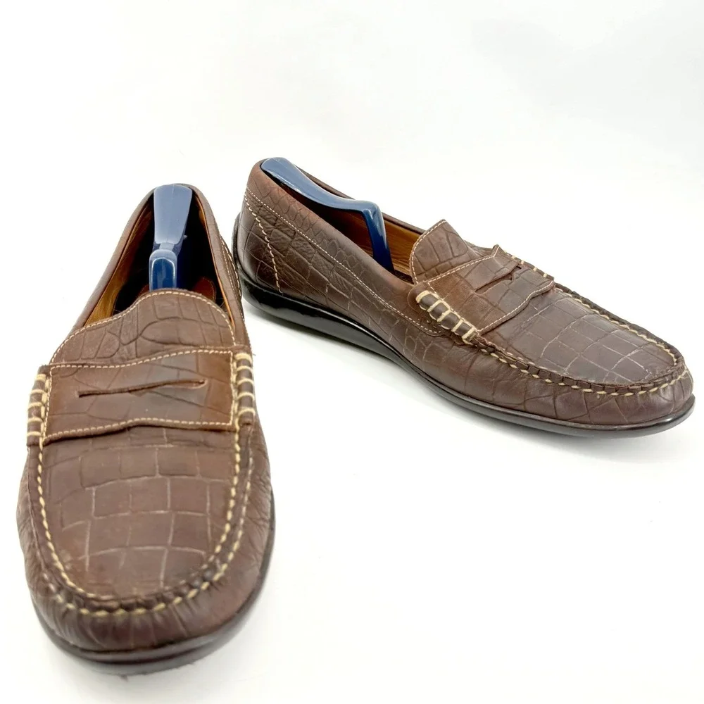 Martin Dingman Leather Penny Loafers Mens 10.5 M Brown Croc Embossed